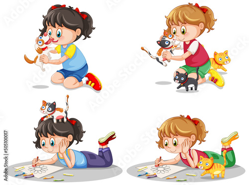 Set of children playing with their dogs