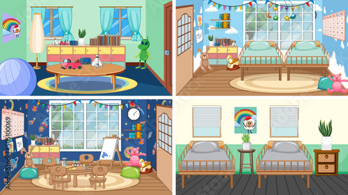 Set of different kindergarten classroom scenes