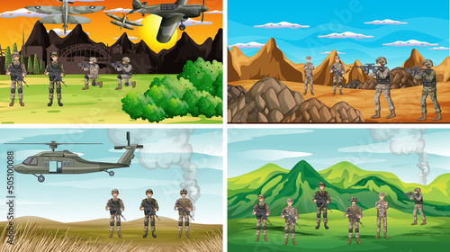 Set of different army war scenes