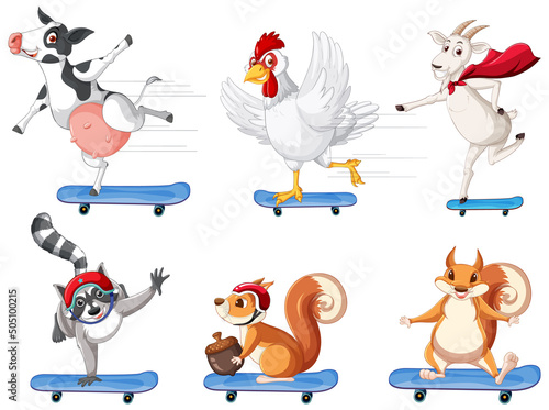 Animals playing skateboard on white background