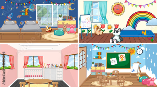 Set of different kindergarten classroom scenes