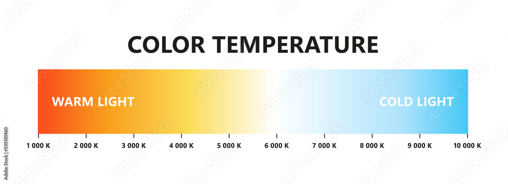Light color temperature scale. Kelvin temperature scale. Visible light colors infographics. Shades of white chart. Gradient warm and cool white. Vector illustration isolated on white background. - obrazy, fototapety, plakaty 