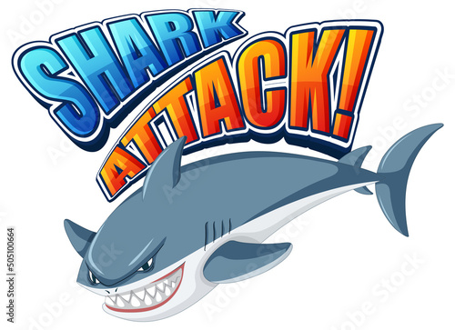 Shark attack font logo with cartoon aggressive shark