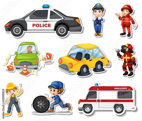 Sticker set of professions characters and objects
