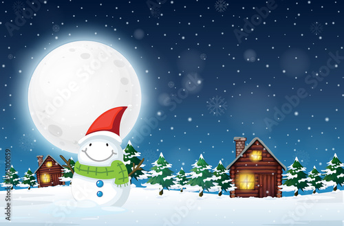 Snowy winter night with Christmas snowman and a house