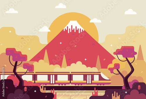Travel by train, railway in Asia, vector cartoon illustration in flat stile. Vector illustration