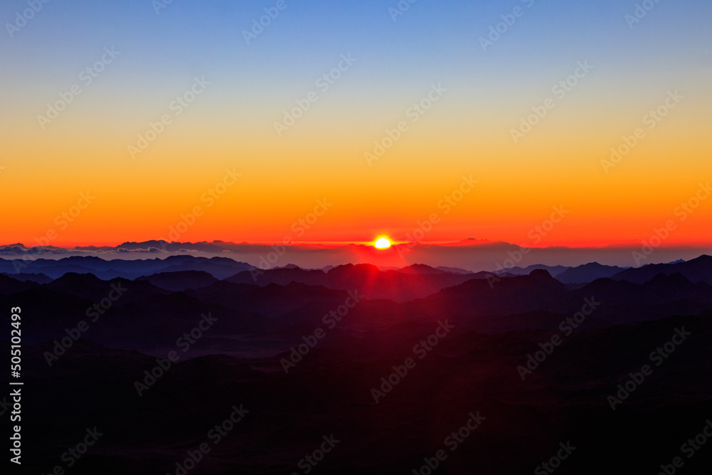 Beautiful sunrise on a top of Mount Sinai (Moses Mount) in Egypt