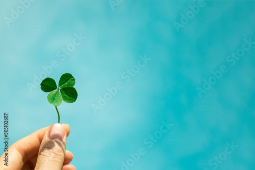 Fotobehang Four-Leaf Clover with blue sky background. Symbol of good luck.
