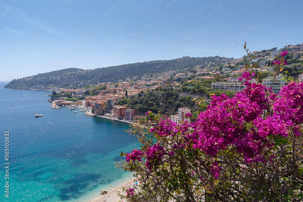 View of the bay of Villefranche-sur-Mer from the lower coastal road (Basse Corniche), French Riviera