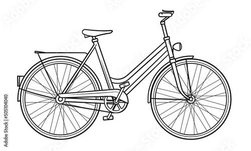 Classic woman's bicycle outline drawing - stock illustration.