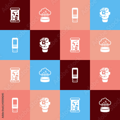 Set pop art Cryogenic capsules, Network cloud connection, USB flash drive and Smart glasses spectacles icon. Vector