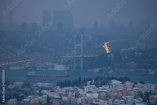 The most beautiful view of Istanbul in winter months 15 July Martyrs Bridge (Bosphorus Bridge) And the Marmara Sea photo