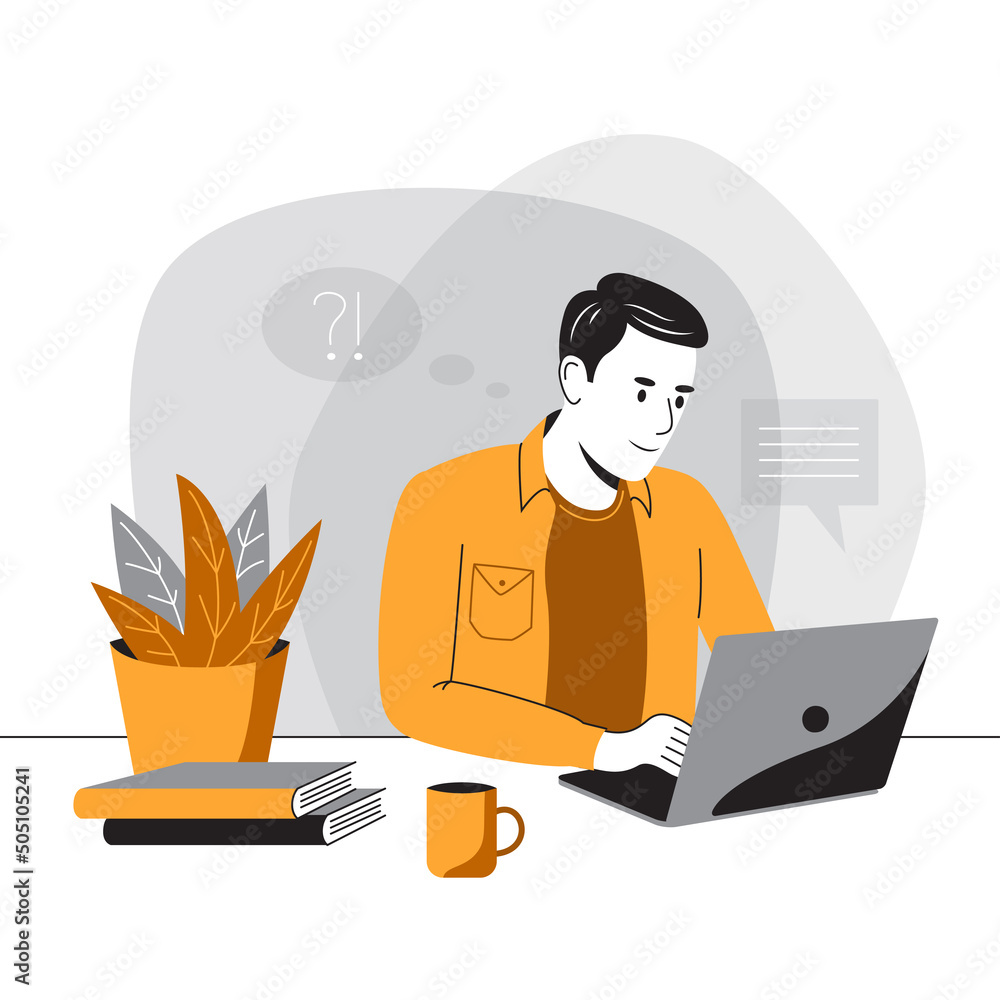 Remote work concept, vector illustration. Man sitting at a computer, laptop. Online training, conference, webinar, courses, lessons, master classes, training video, work, online sales and purchases, 