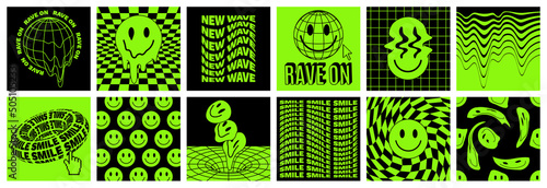 Rave psychedelic acid sticker set. Trippy illustrations, dripping smiles. surreal geometric shapes.