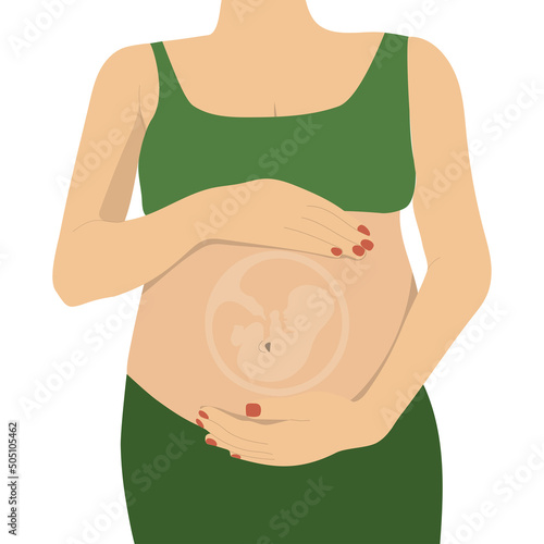 Pregnant woman with baby inside belly. Human embry in the womb. Vector illustration