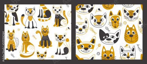 Cute cats pattern in flat style. Seamless background for fabric, textile, wallpaper, posters, gift wrapping paper, napkins, tablecloths. Print for kids, children. Children's pattern
