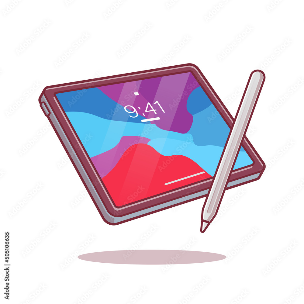 Tablet And Stylus Pencil Cartoon Vector Icon Illustration. Technology
