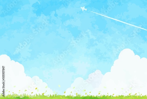 爽やかな青空と入道雲と草原の風景イラスト