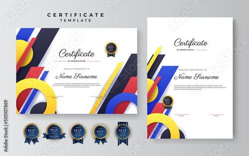 Appreciation and Achievement Certificate Template Design with blue red yellow