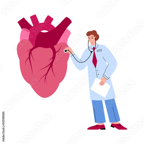 Male doctor checking heart rate with stethoscope, flat vector illustration isolated on white background.