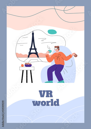 VR world and augmented reality space banner template flat vector illustration.