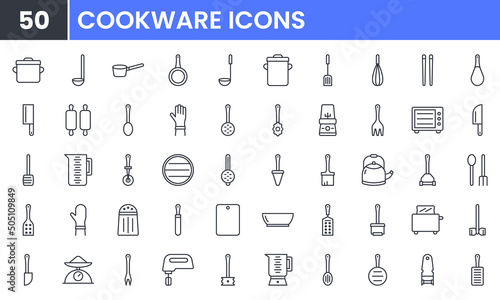 Cookware and Kitchen Utensil vector line icon set. Contains linear outline icons like Pan, Oven, Grill, Frypan, Stir, Knife, Kettle, Saucepan, Fork, Chopstick, Spoon. Editable use and stroke.