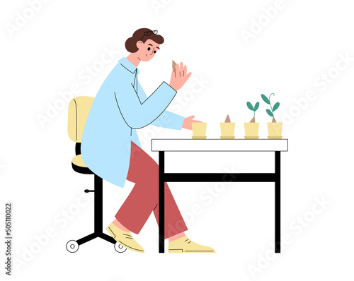 Agronomist grows seeds, vector flat illustration on a white background.