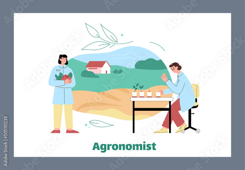 Scientists women studying agronomy and analyzing soil, flat vector illustration isolated on white background.