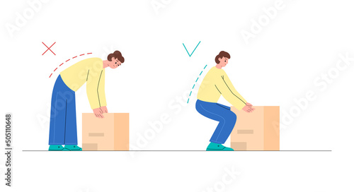 Instructions, manual for lifting a heavy box, vector flat illustration on a white background.