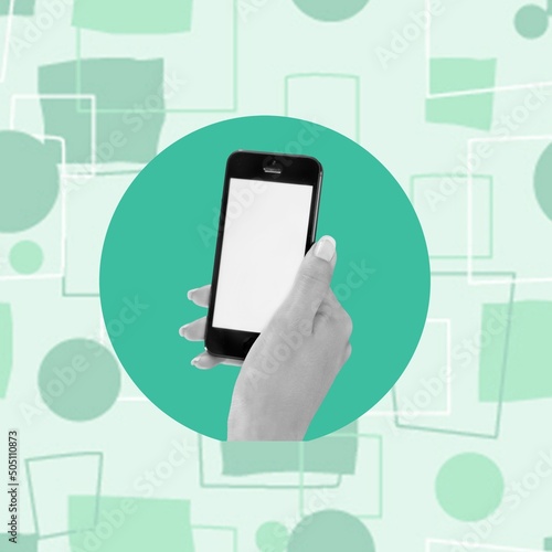 Art collage. Concept frame of blank smartphone. Hand holding a smartphone in green round