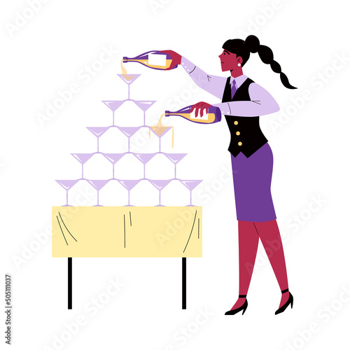 Bartender woman pours drinks, vector flat illustration on white background.