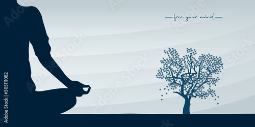 peaceful yoga mediating person on sunny bright background with big tree