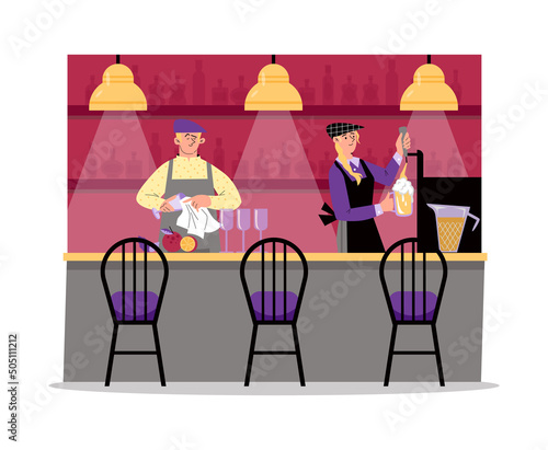 Bartender woman pouring beer and man wiping glasses with towel, bar counter flat vector illustration.