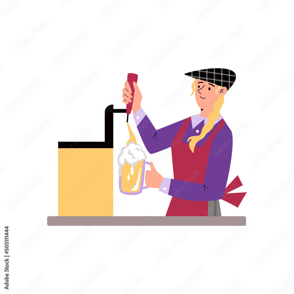 Female bartender pouring lager beer glass, flat vector illustration isolated.