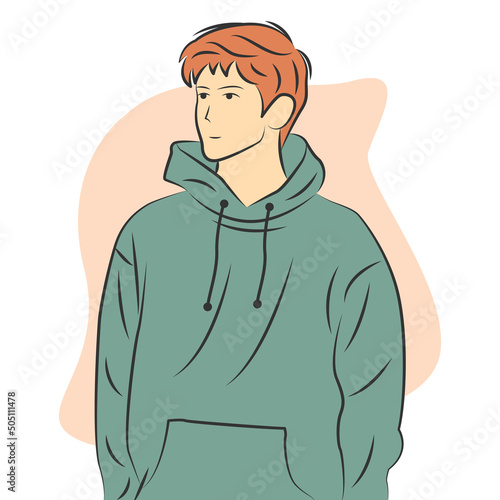 Handsome man character wearing hoodie in flat cartoon style