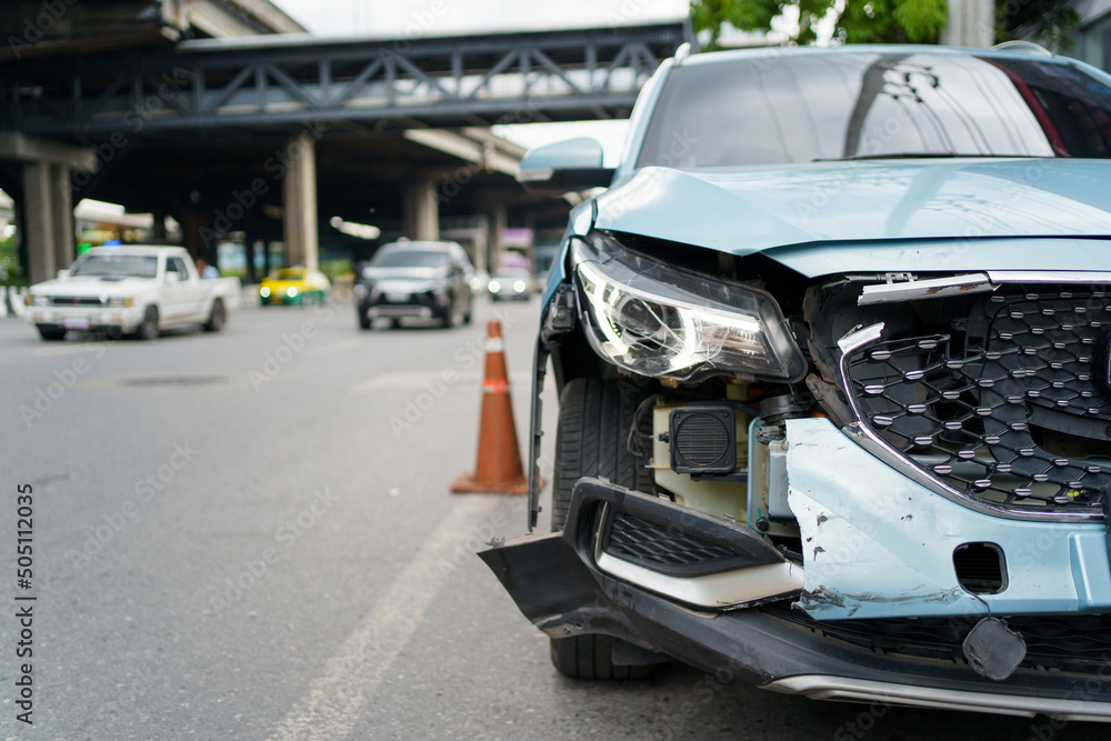 Front of the modern vehicle have a heavy - major damaged. Car crash - accident on the road.