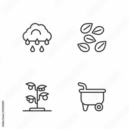Set line Wheelbarrow, Sprout, Cloud with rain and Seeds of specific plant icon. Vector
