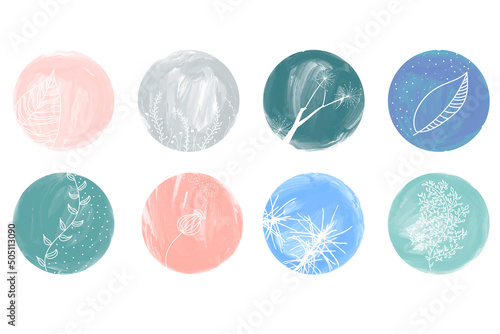 Highlight cover set, abstract floral botanical icons for social media. Vector illustration. watercolor design. Set of Story Highlights Covers Icons. Colorful watercolor background