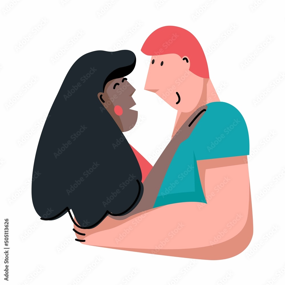 Happy young married couple. A man and a woman hug and look into each other's eyes. The union of a dark-skinned girl and a light-skinned guy. Illustration in flat graphic style.