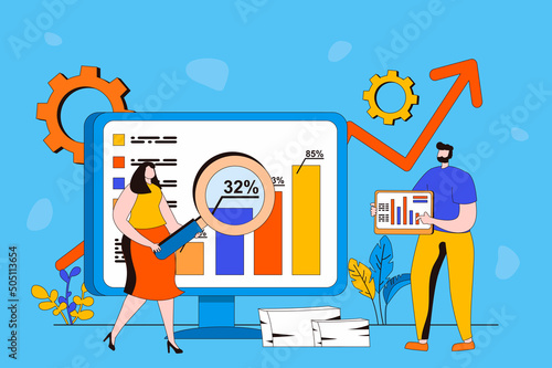 Data analysis web concept in flat 2d design. Man and woman doing marketing research or financial report, working with databases and charts, working on dashboard. Vector illustration with people scene