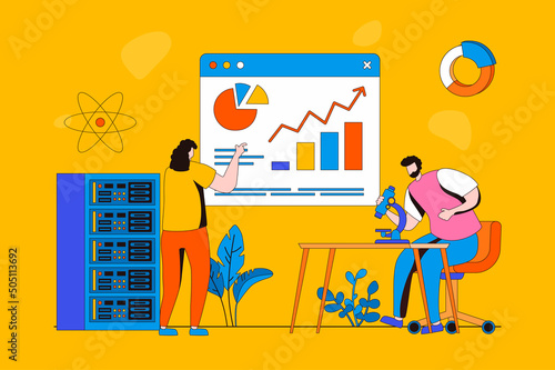 Data science web concept in flat 2d design. Man and woman working with databases and analyzing on dashboard. Tech support team maintain of server racks room work. Vector illustration with people scene
