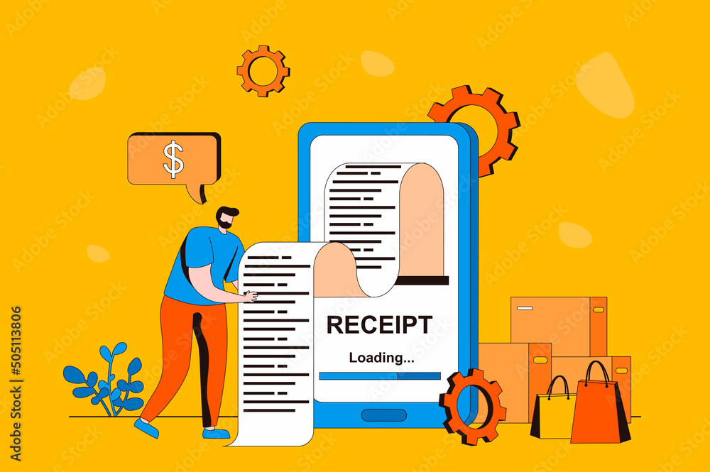 Electronic receipt web concept in flat 2d design. Man receives invoice and pays it online using mobile app on his smartphone. Banking services and transactions. Vector illustration with people scene - obrazy, fototapety, plakaty 