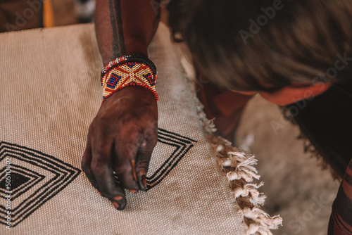 Indian painting cloth with the geometrical tribal art of the Asurini tribe of Baixo Amazonas in Brazil. Amazon, 2010.