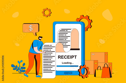 Electronic receipt web concept in flat 2d design. Man receives invoice and pays it online using mobile app on his smartphone. Banking services and transactions. Vector illustration with people scene