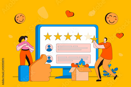 Feedback page web concept in flat 2d design. Clients leave comments with experiences, ratings and reviews. Customer satisfaction and service quality evaluation. Vector illustration with people scene