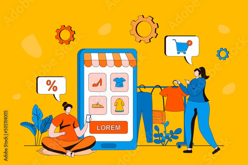 Mobile commerce web concept in flat 2d design. Women choose clothes and other goods in mobile application. Buyers make profitable purchases and pay online. Vector illustration with people scene