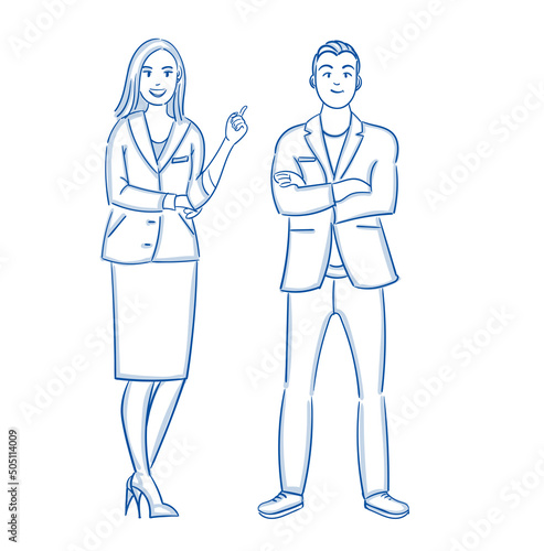Men and Woman Hand drawn blue outline. Young man and Woman businessman in an office suit Full length stands. Line art cartoon vector illustration.