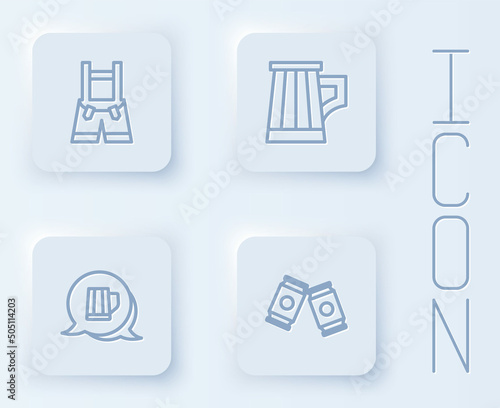 Set line Lederhosen, Wooden beer mug, and Beer can. White square button. Vector