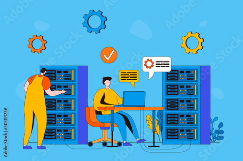 Server maintenance web concept in flat 2d design. Engineers team work in server room, optimize and monitor operation of data center, making technician support. Vector illustration with people scene