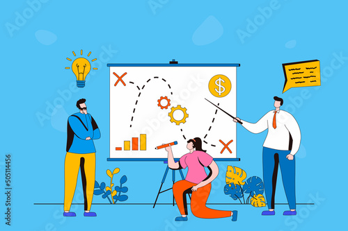 Strategic planning web concept in flat 2d design. Men and woman create plan, discuss and generate ideas, analyze statistics, create strategy for business. Vector illustration with people scene